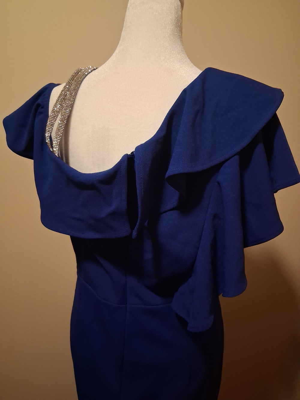 One-Shoulder Ruffle Evening Dress in Cobalt Blue, by John Meyer